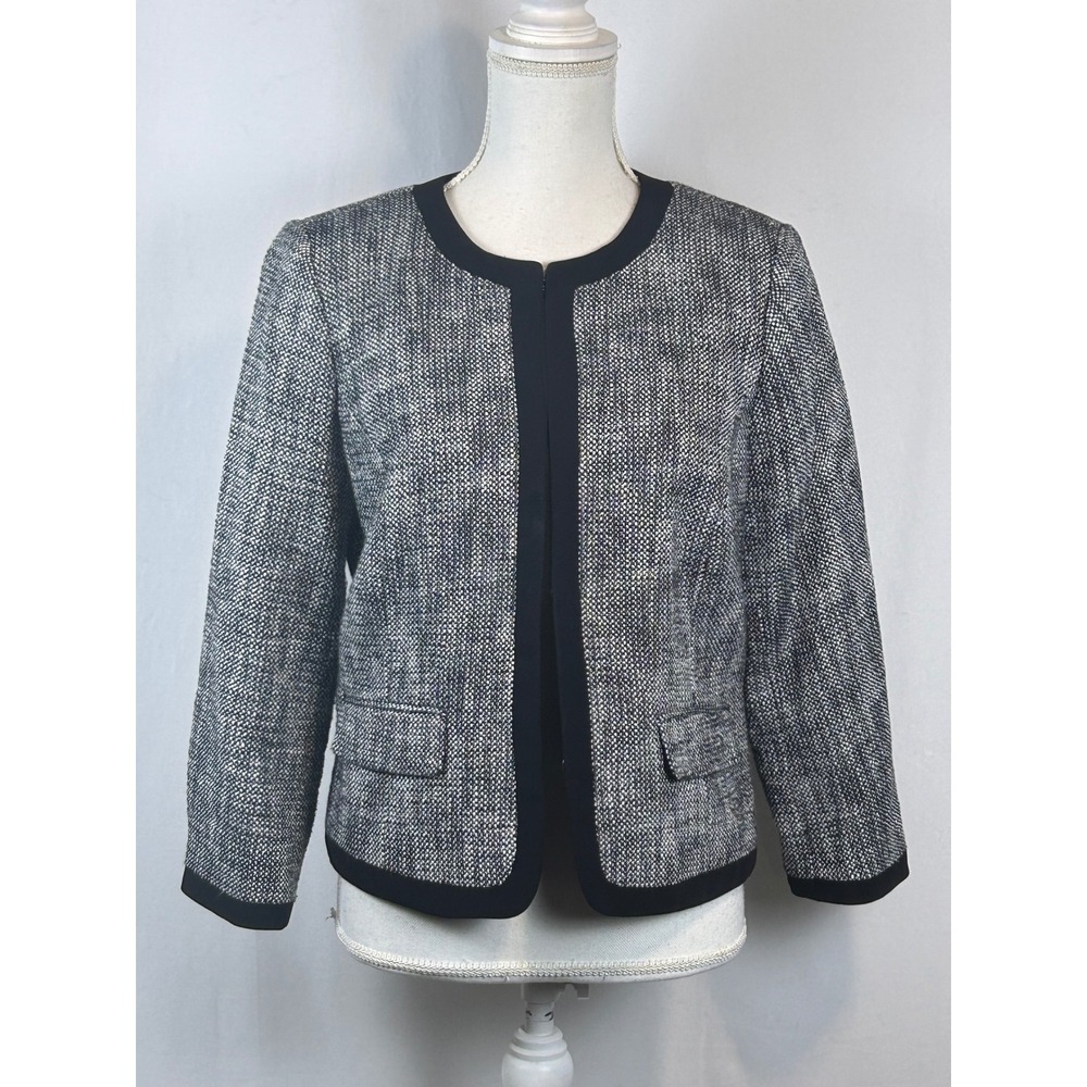 Talbots Tweed Blazer Women 10 Black White Excellent Textured Open Front